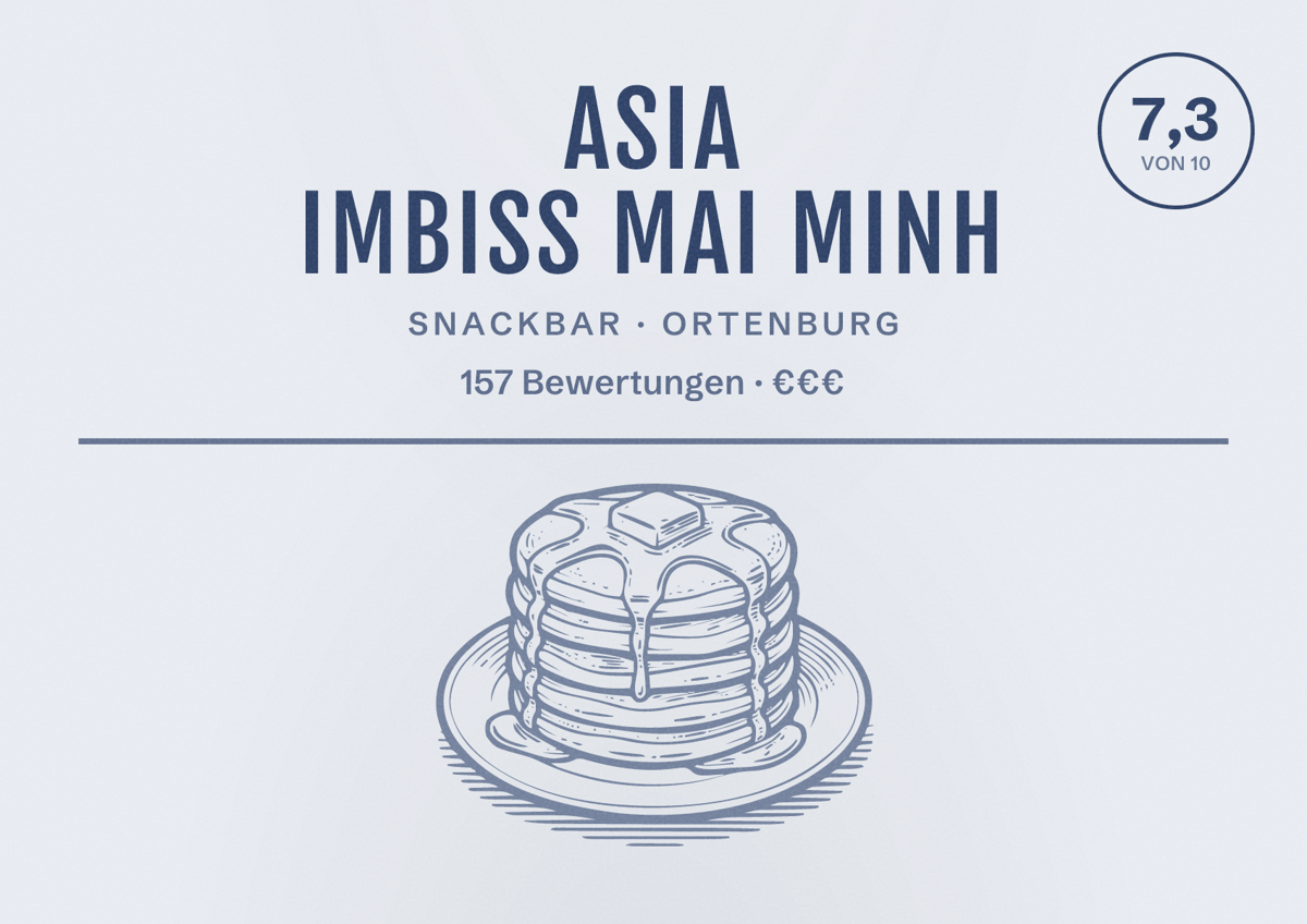 Illustriertes Poster von Asia Imbiss Mai Minh, Snackbar in Ortenburg: Bewertung 7,3 von 10 aus 157 Bewertungen, Preisniveau €€€