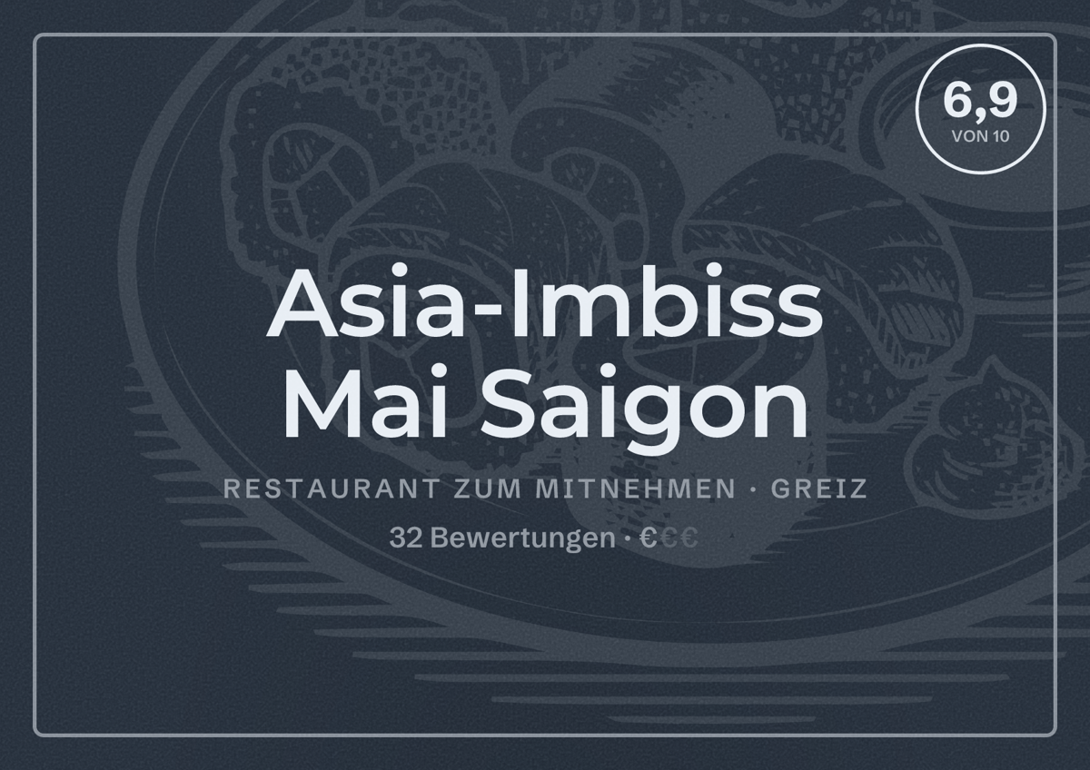 Illustriertes Poster von Asia-Imbiss Mai Saigon, Restaurant zum Mitnehmen in Greiz: Bewertung 6,9 von 10 aus 32 Bewertungen, Preisniveau €