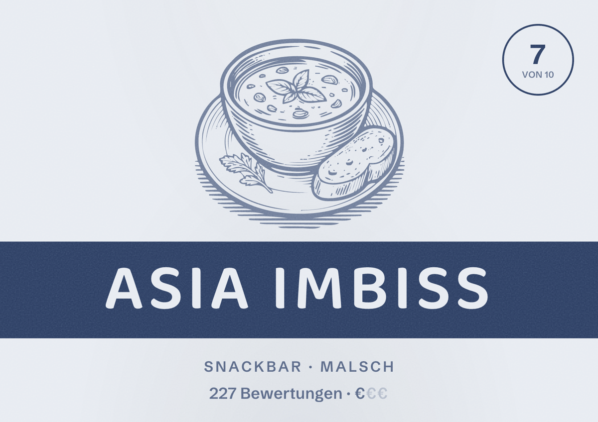 Illustriertes Poster von Asia Imbiss, Snackbar in Malsch: Bewertung 7 von 10 aus 227 Bewertungen, Preisniveau €