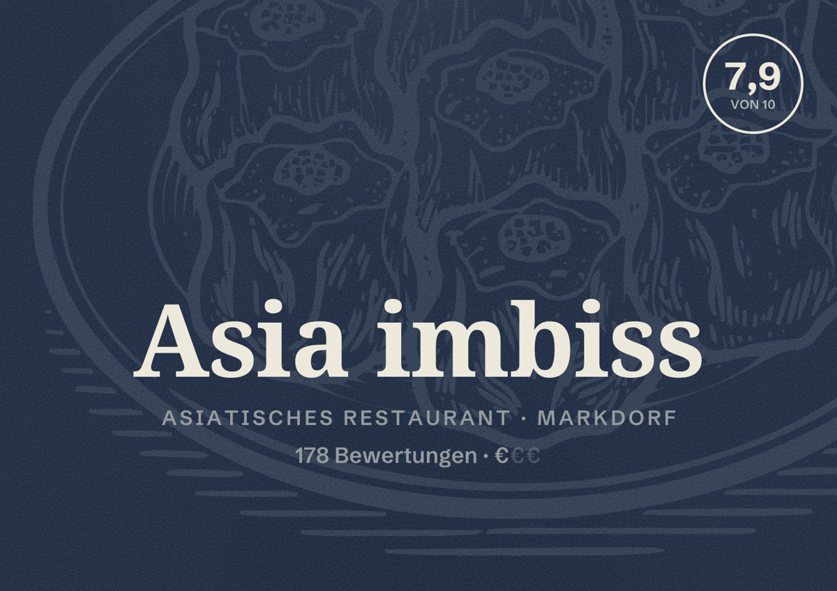 Illustriertes Poster von Asia imbiss, Asiatisches Restaurant in Markdorf: Bewertung 7,9 von 10 aus 178 Bewertungen, Preisniveau €