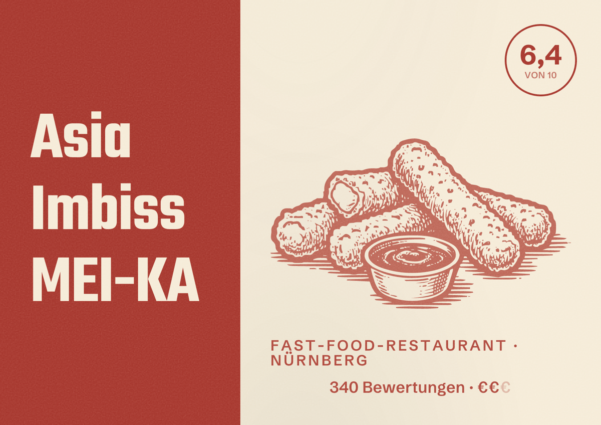 Illustriertes Poster von Asia Imbiss MEI-KA, Fast-Food-Restaurant in Nürnberg: Bewertung 6,4 von 10 aus 340 Bewertungen, Preisniveau €€