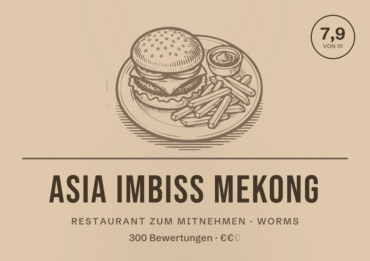 Illustriertes Poster von Asia Imbiss Mekong, Restaurant zum Mitnehmen in Worms: Bewertung 7,9 von 10 aus 300 Bewertungen, Preisniveau €€