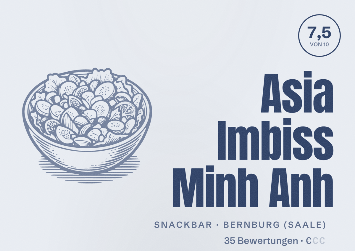 Illustriertes Poster von Asia Imbiss Minh Anh, Snackbar in Bernburg (Saale): Bewertung 7,5 von 10 aus 35 Bewertungen, Preisniveau €