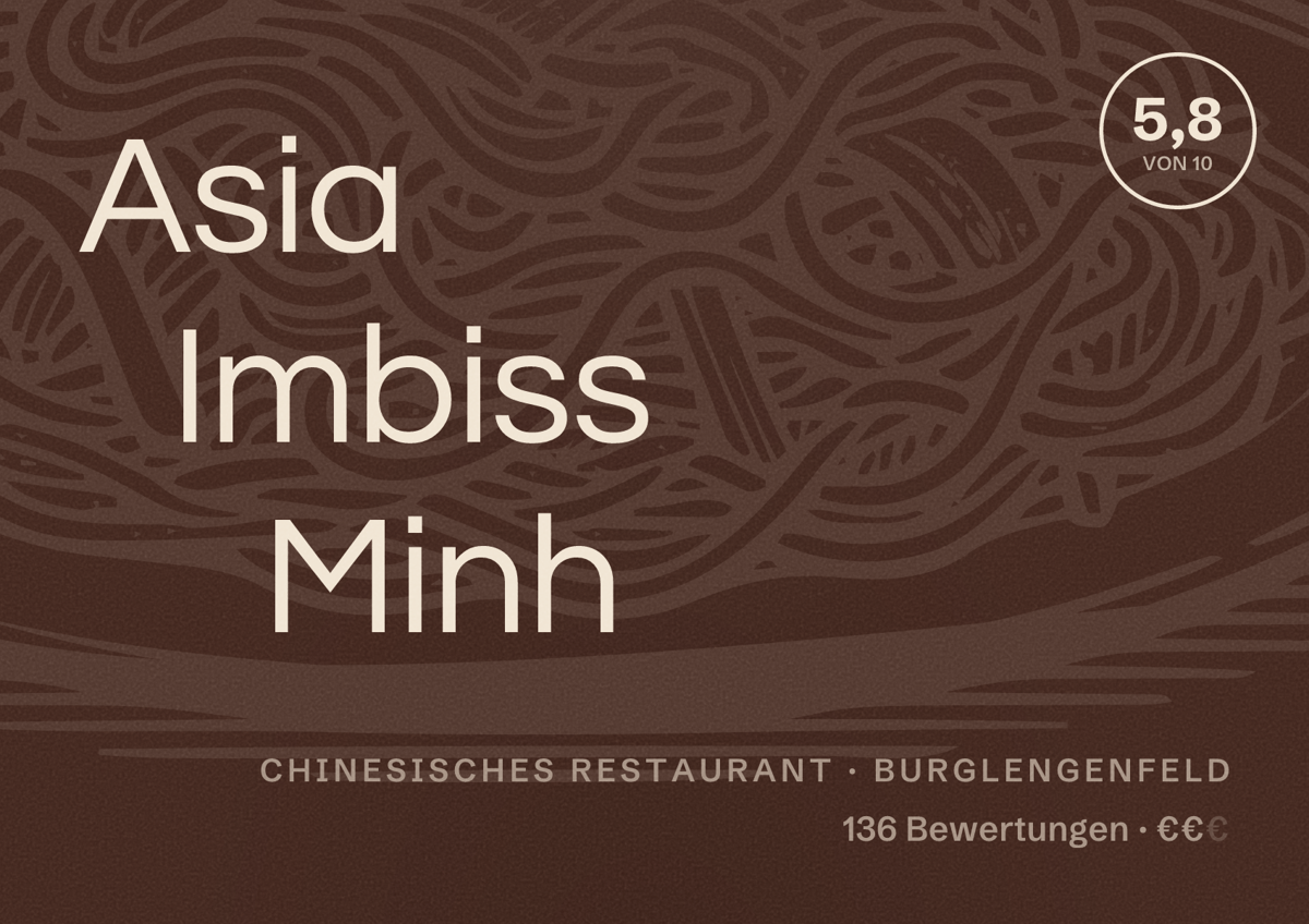 Illustriertes Poster von Asia Imbiss Minh, Chinesisches Restaurant in Burglengenfeld: Bewertung 5,8 von 10 aus 136 Bewertungen, Preisniveau €€