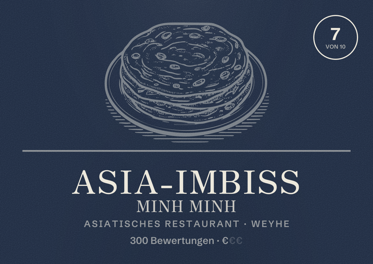 Illustriertes Poster von Asia-Imbiss Minh Minh, Asiatisches Restaurant in Weyhe: Bewertung 7 von 10 aus 300 Bewertungen, Preisniveau €