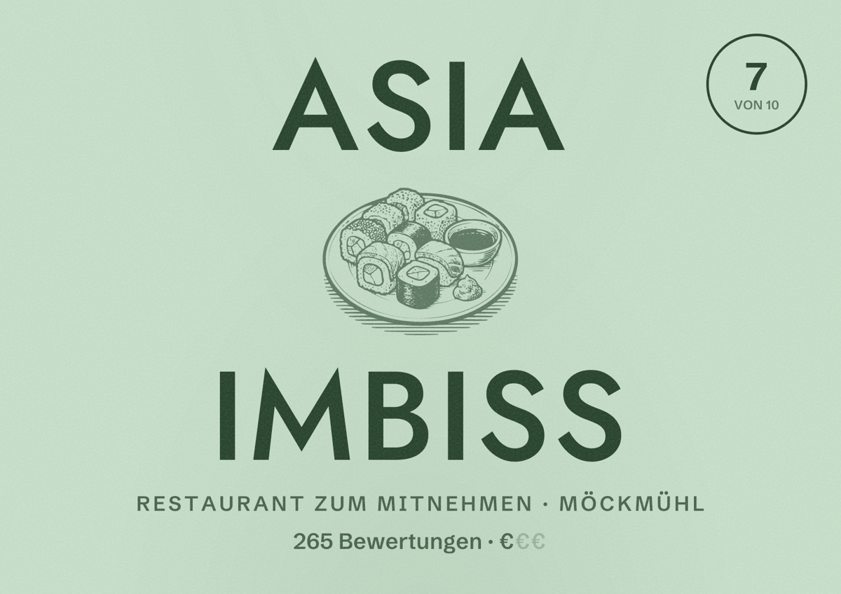 Illustriertes Poster von Asia Imbiss, Restaurant zum Mitnehmen in Möckmühl: Bewertung 7 von 10 aus 265 Bewertungen, Preisniveau €