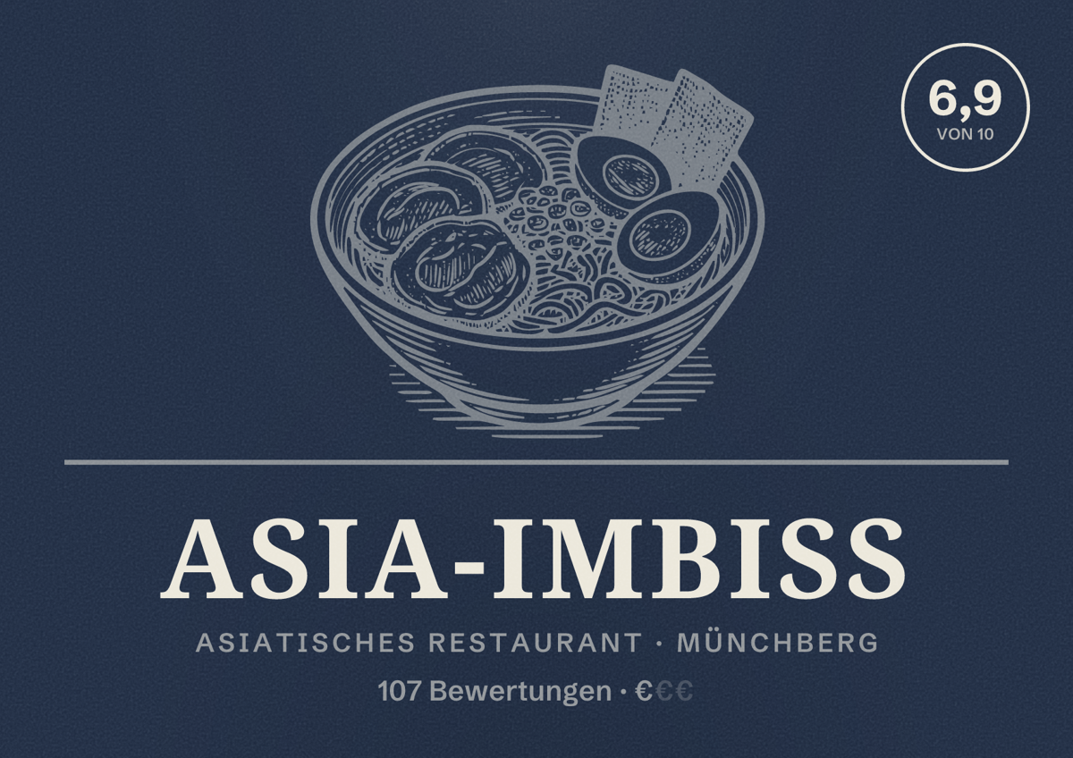 Illustriertes Poster von Asia-Imbiss, Asiatisches Restaurant in Münchberg: Bewertung 6,9 von 10 aus 107 Bewertungen, Preisniveau €