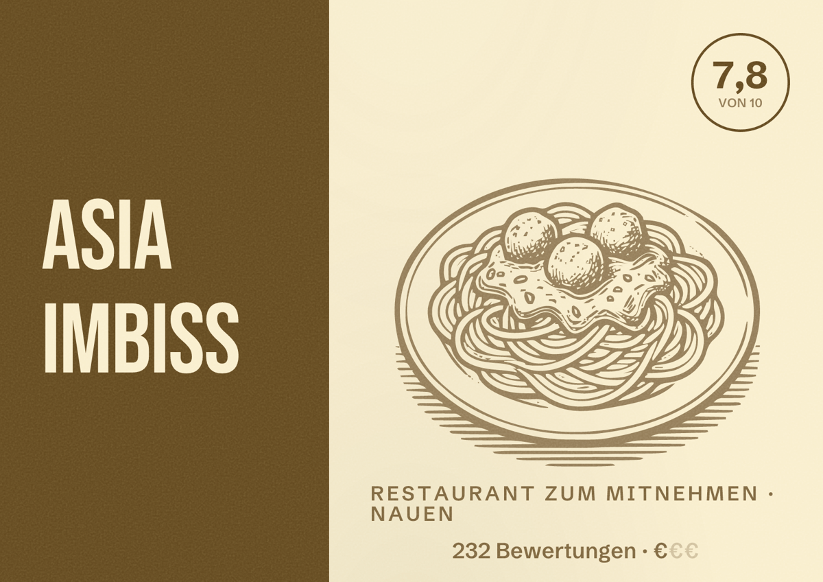 Illustriertes Poster von Asia Imbiss, Restaurant zum Mitnehmen in Nauen: Bewertung 7,8 von 10 aus 232 Bewertungen, Preisniveau €