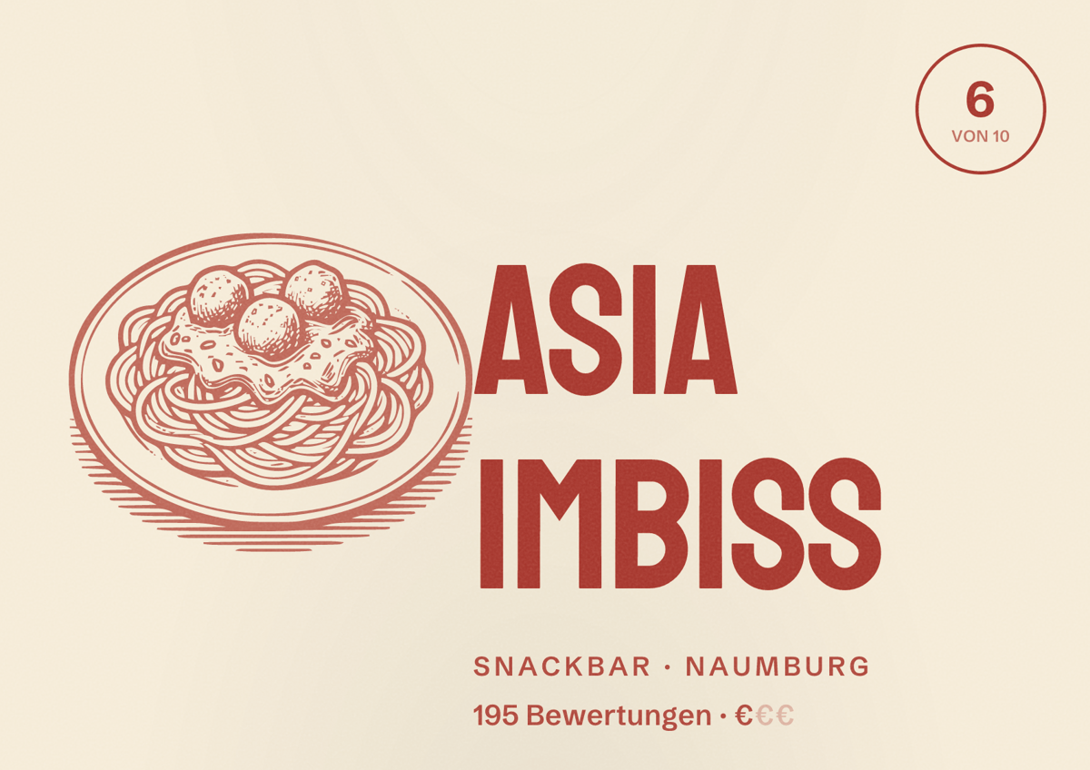 Illustriertes Poster von Asia Imbiss, Snackbar in Naumburg: Bewertung 6 von 10 aus 195 Bewertungen, Preisniveau €