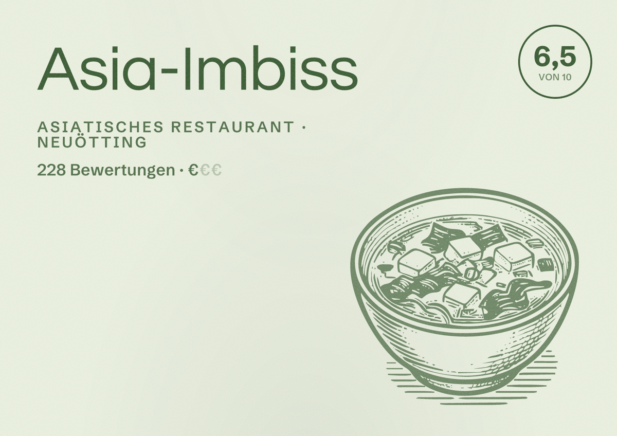 Illustriertes Poster von Asia-Imbiss, Asiatisches Restaurant in Neuötting: Bewertung 6,5 von 10 aus 228 Bewertungen, Preisniveau €