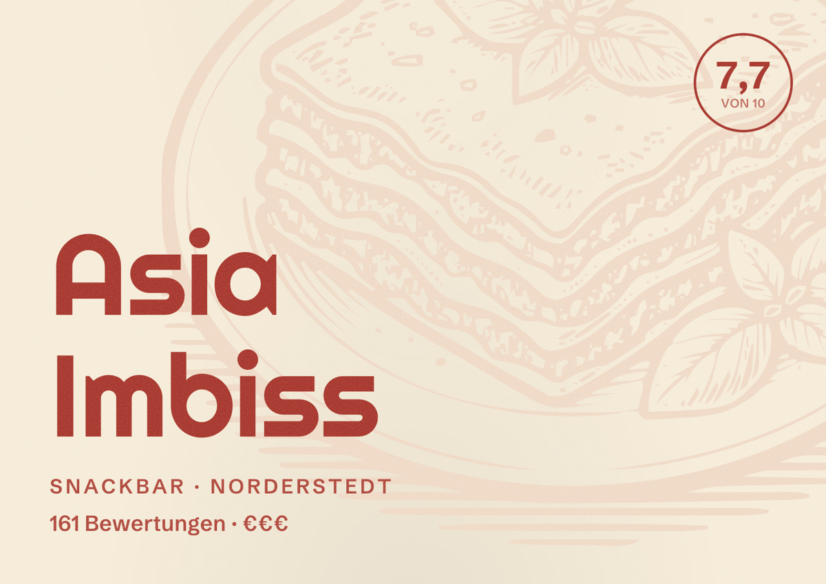 Illustriertes Poster von Asia Imbiss, Snackbar in Norderstedt: Bewertung 7,7 von 10 aus 161 Bewertungen, Preisniveau €€€