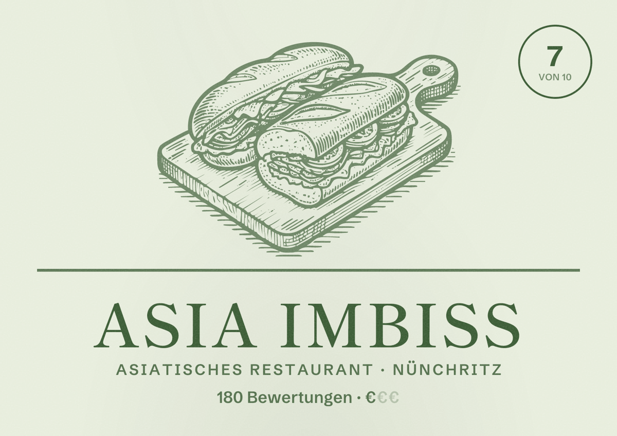 Illustriertes Poster von Asia Imbiss, Asiatisches Restaurant in Nünchritz: Bewertung 7 von 10 aus 180 Bewertungen, Preisniveau €
