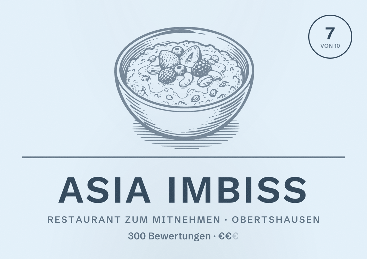 Illustriertes Poster von Asia Imbiss, Restaurant zum Mitnehmen in Obertshausen: Bewertung 7 von 10 aus 300 Bewertungen, Preisniveau €€