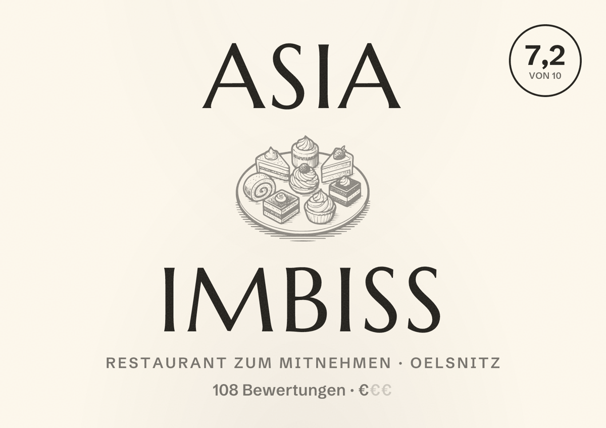 Illustriertes Poster von Asia Imbiss, Restaurant zum Mitnehmen in Oelsnitz: Bewertung 7,2 von 10 aus 108 Bewertungen, Preisniveau €