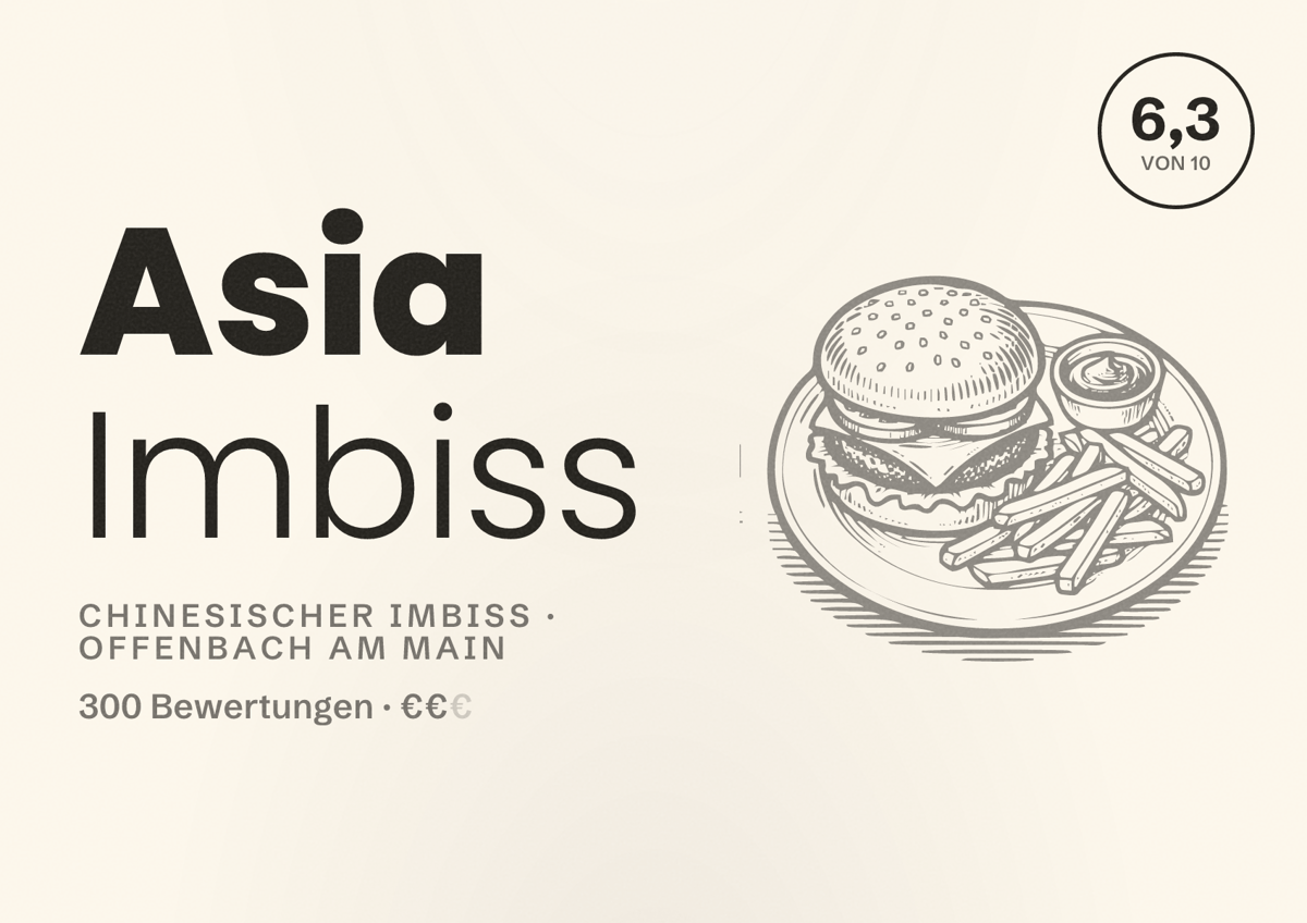 Illustriertes Poster von Asia Imbiss, Chinesischer Imbiss in Offenbach am Main: Bewertung 6,3 von 10 aus 300 Bewertungen, Preisniveau €€