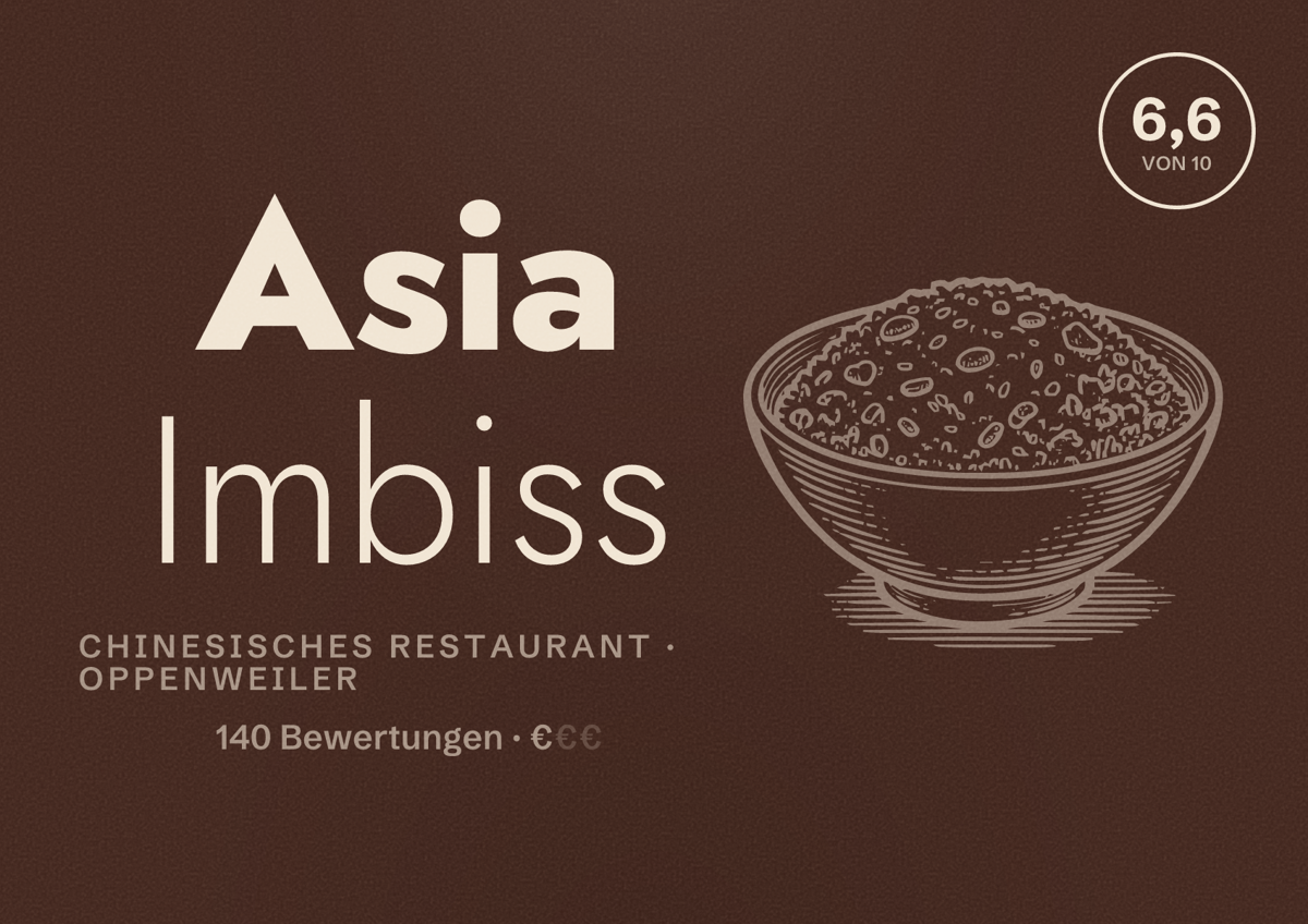 Illustriertes Poster von Asia Imbiss, Chinesisches Restaurant in Oppenweiler: Bewertung 6,6 von 10 aus 140 Bewertungen, Preisniveau €