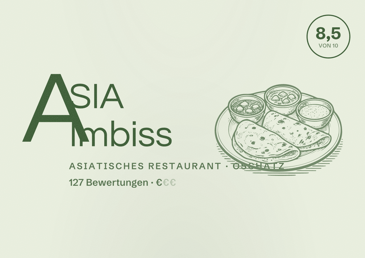 Illustriertes Poster von ASIA Imbiss, Asiatisches Restaurant in Oschatz: Bewertung 8,5 von 10 aus 127 Bewertungen, Preisniveau €