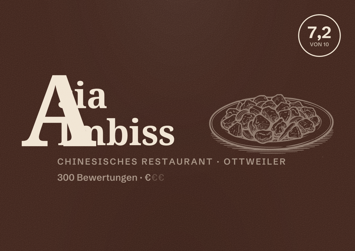 Illustriertes Poster von Asia Imbiss, Chinesisches Restaurant in Ottweiler: Bewertung 7,2 von 10 aus 300 Bewertungen, Preisniveau €