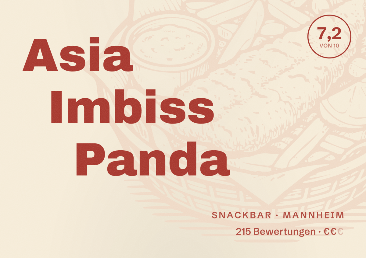 Illustriertes Poster von Asia Imbiss Panda, Snackbar in Mannheim: Bewertung 7,2 von 10 aus 215 Bewertungen, Preisniveau €€