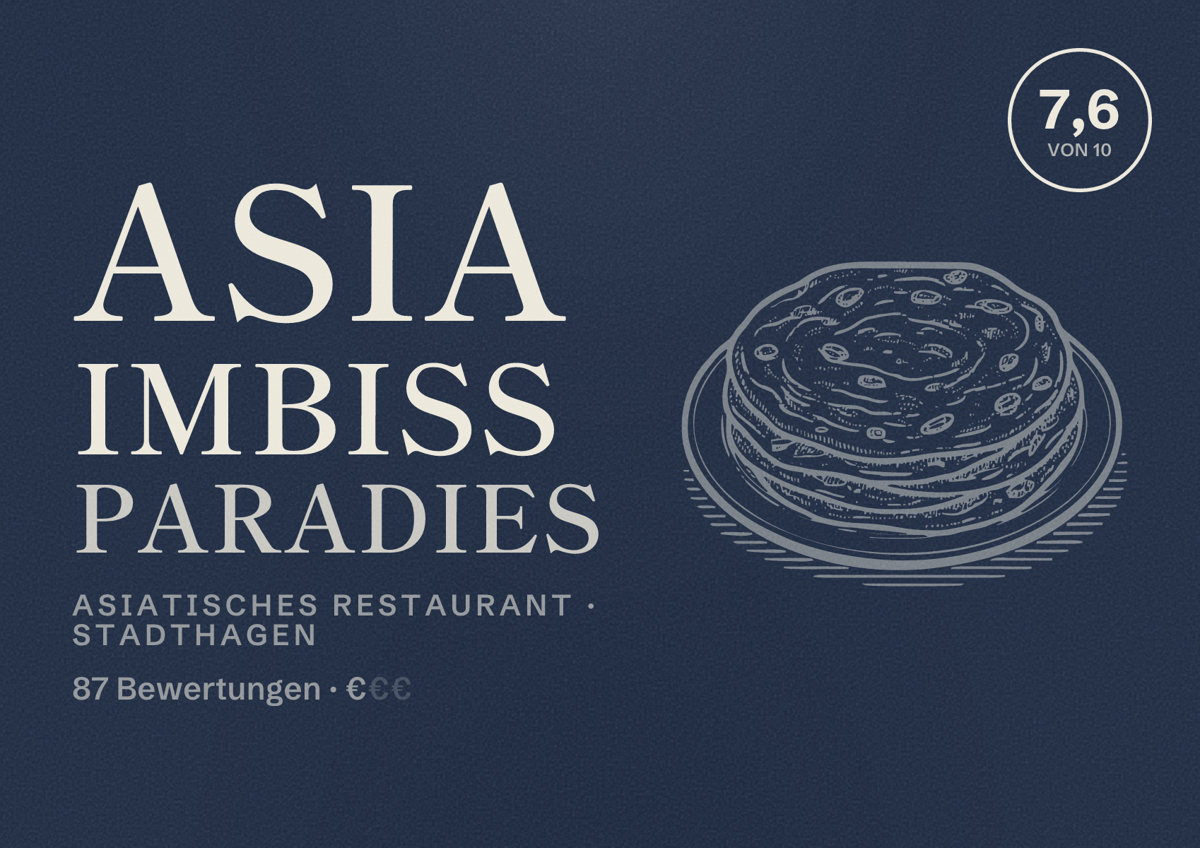 Illustriertes Poster von Asia Imbiss Paradies, Asiatisches Restaurant in Stadthagen: Bewertung 7,6 von 10 aus 87 Bewertungen, Preisniveau €