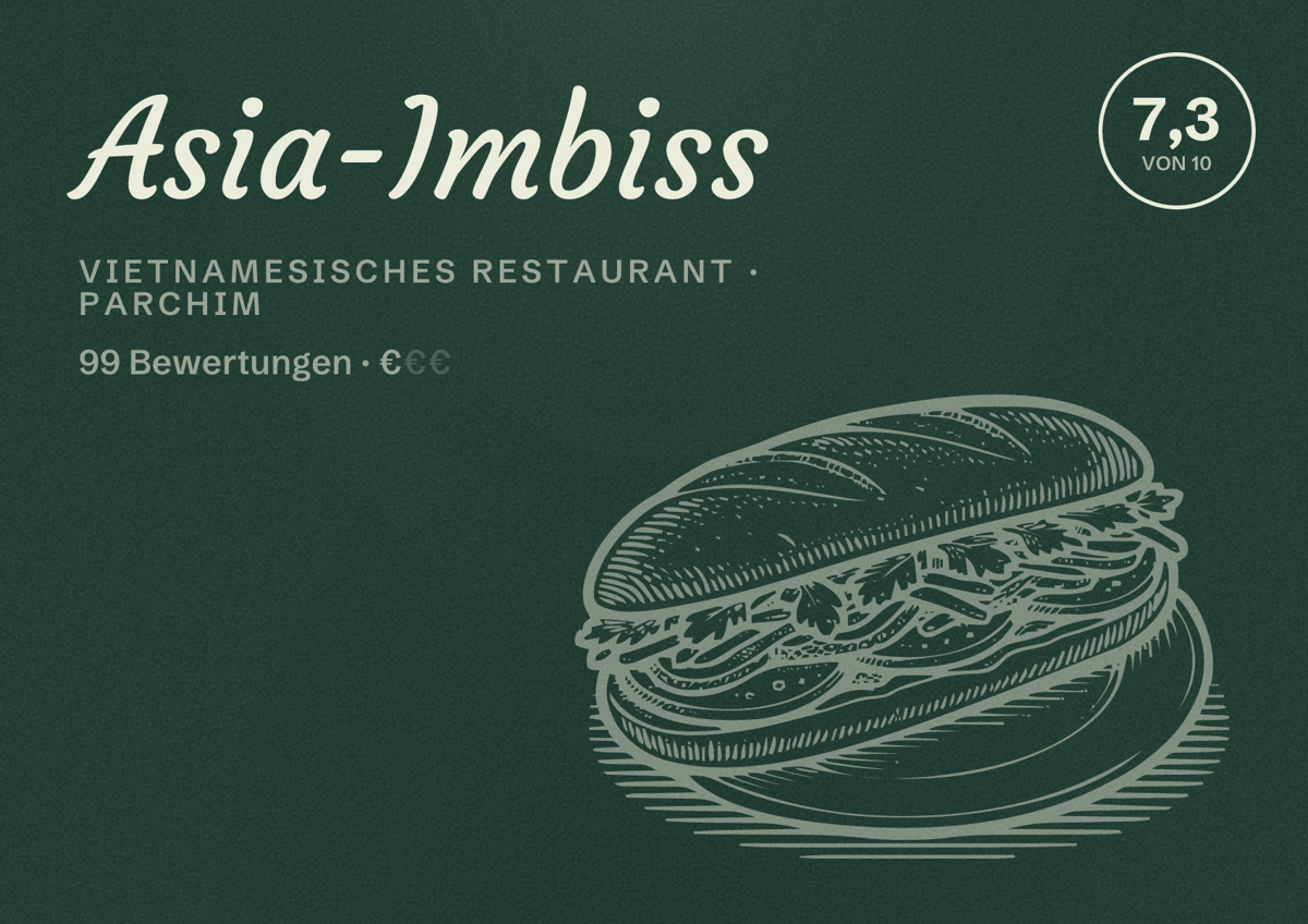Illustriertes Poster von Asia-Imbiss, Vietnamesisches Restaurant in Parchim: Bewertung 7,3 von 10 aus 99 Bewertungen, Preisniveau €