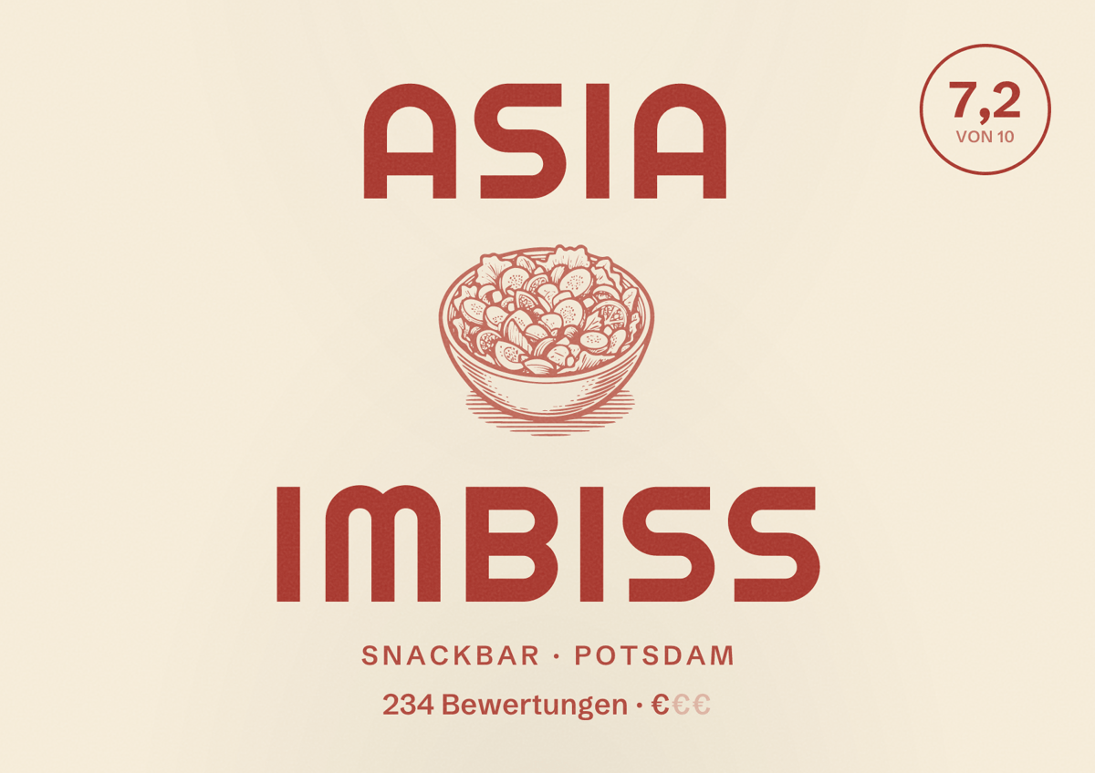 Illustriertes Poster von Asia Imbiss, Snackbar in Potsdam: Bewertung 7,2 von 10 aus 234 Bewertungen, Preisniveau €