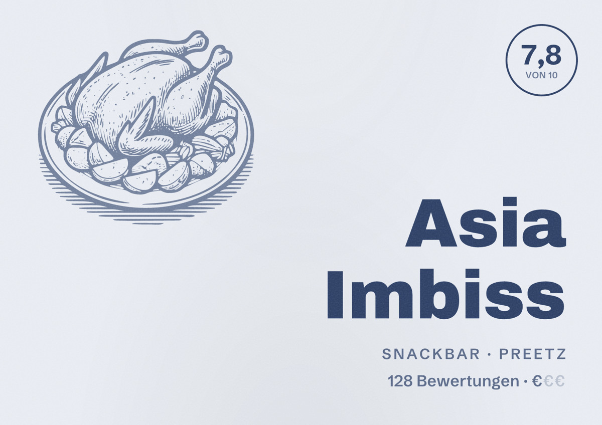 Illustriertes Poster von Asia Imbiss, Snackbar in Preetz: Bewertung 7,8 von 10 aus 128 Bewertungen, Preisniveau €