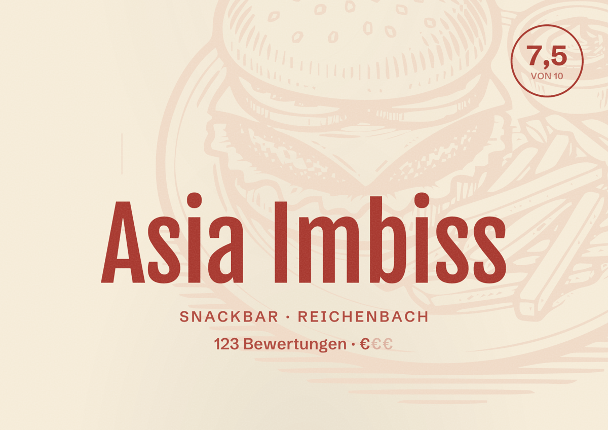 Illustriertes Poster von Asia Imbiss, Snackbar in Reichenbach: Bewertung 7,5 von 10 aus 123 Bewertungen, Preisniveau €
