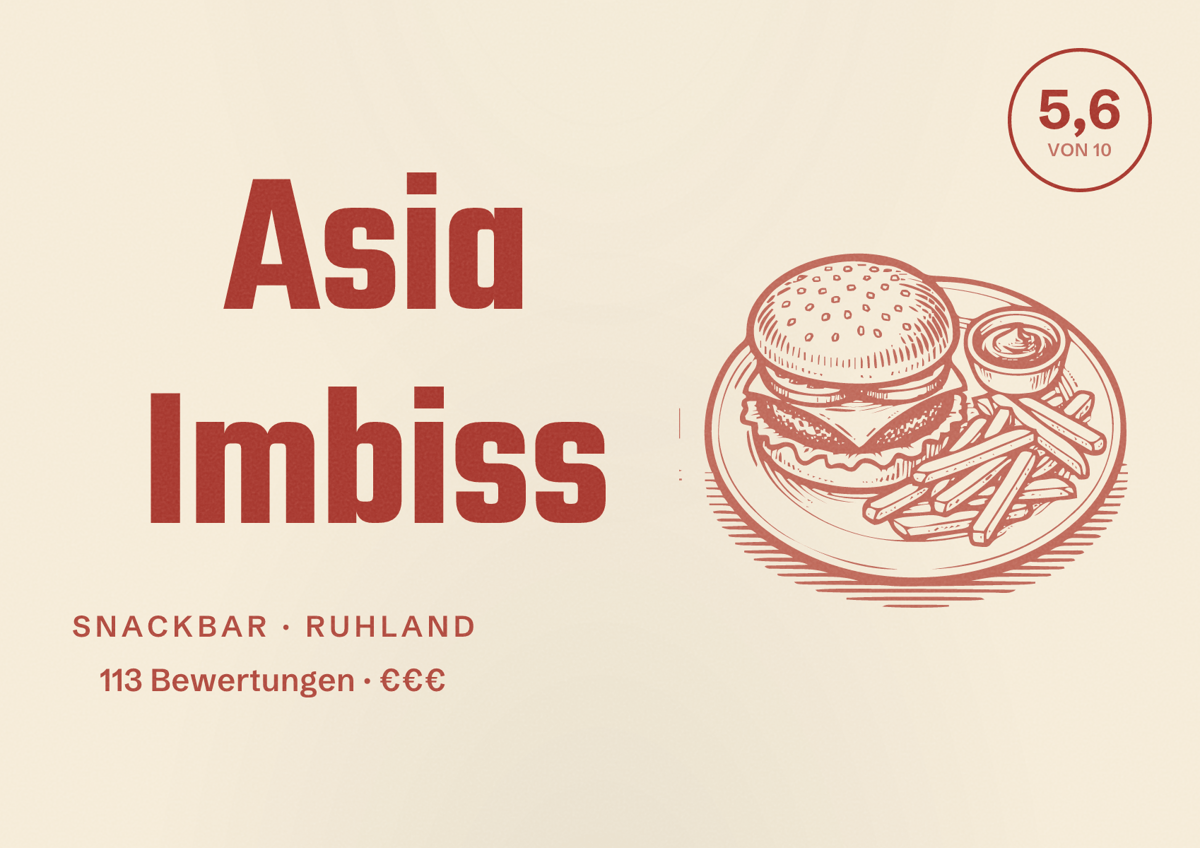 Illustriertes Poster von Asia Imbiss, Snackbar in Ruhland: Bewertung 5,6 von 10 aus 113 Bewertungen, Preisniveau €€€