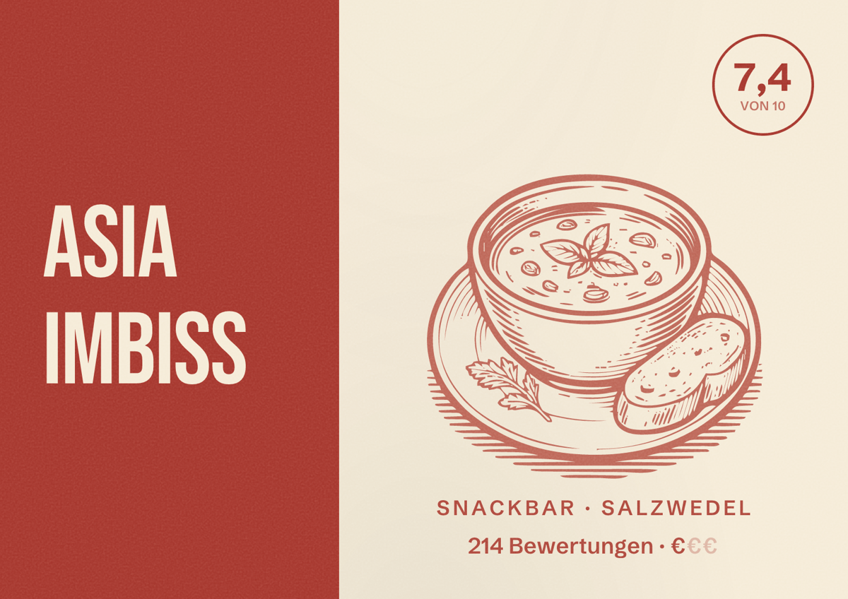 Illustriertes Poster von Asia Imbiss, Snackbar in Salzwedel: Bewertung 7,4 von 10 aus 214 Bewertungen, Preisniveau €