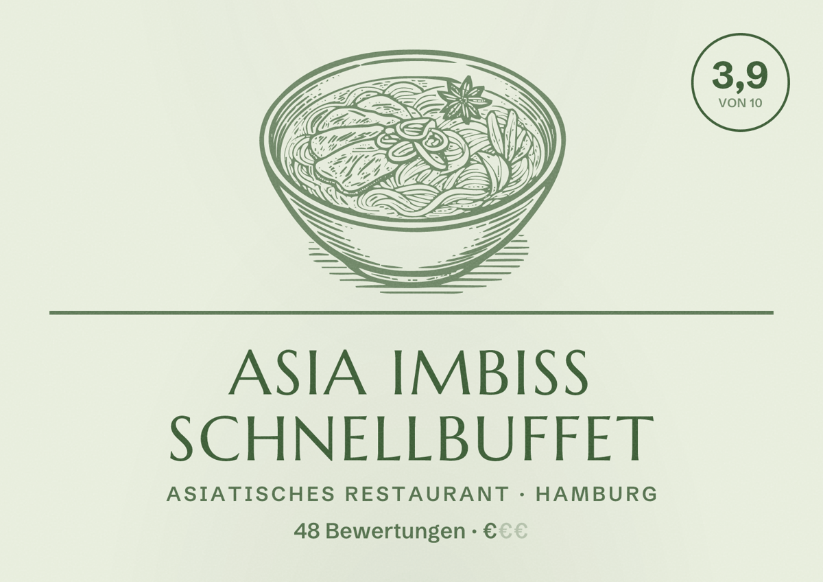 Illustriertes Poster von Asia Imbiss Schnellbuffet, Asiatisches Restaurant in Hamburg: Bewertung 3,9 von 10 aus 48 Bewertungen, Preisniveau €