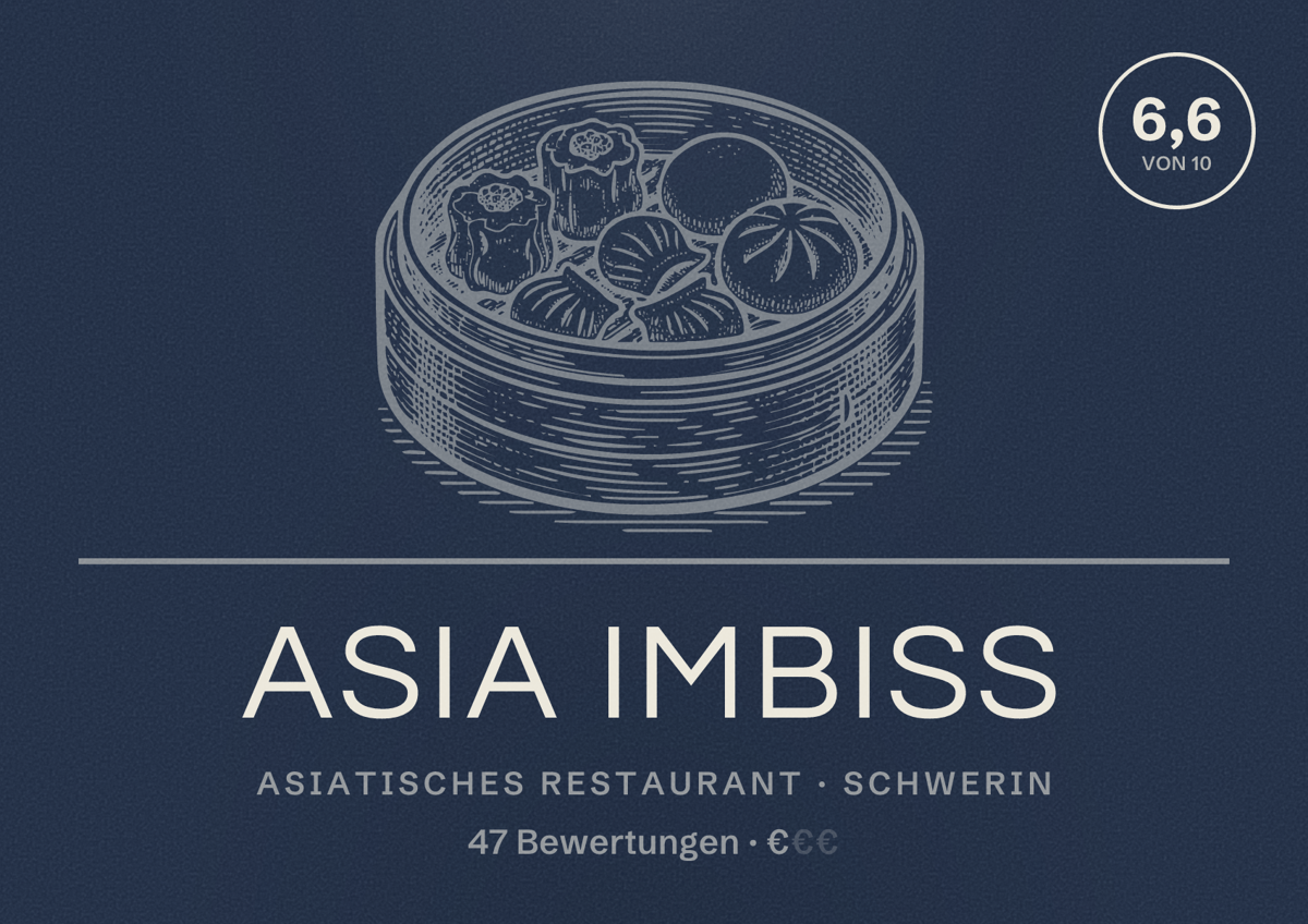 Illustriertes Poster von Asia Imbiss, Asiatisches Restaurant in Schwerin: Bewertung 6,6 von 10 aus 47 Bewertungen, Preisniveau €