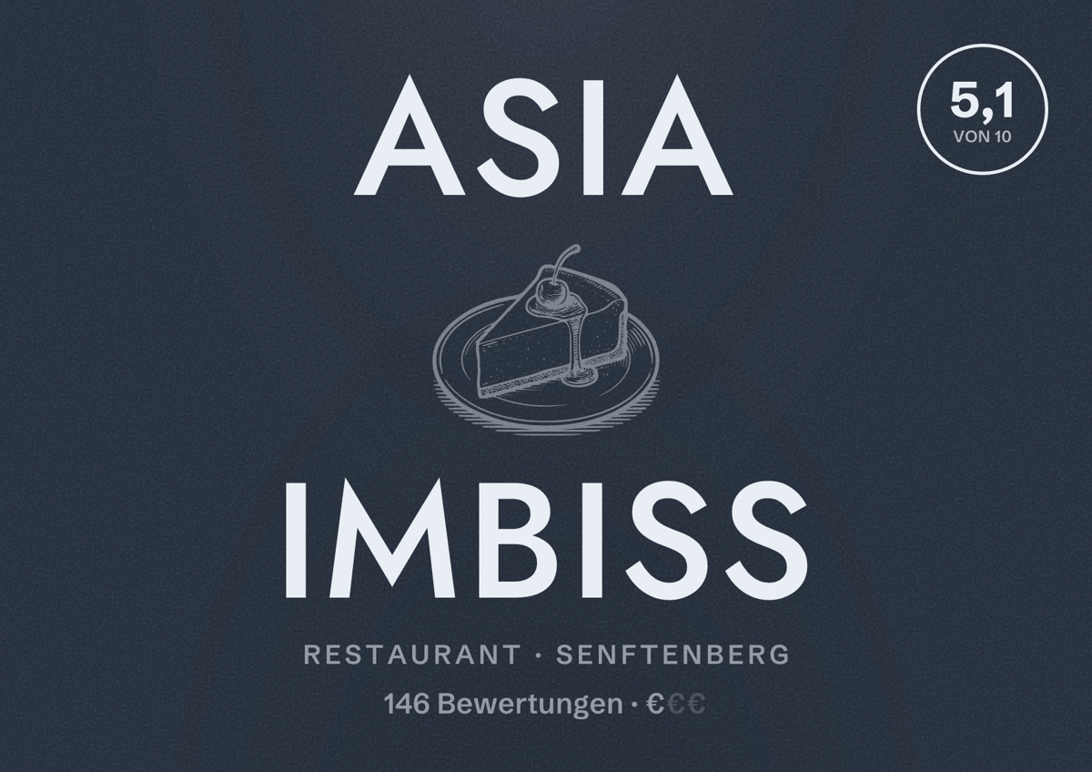 Illustriertes Poster von Asia Imbiss, Restaurant in Senftenberg: Bewertung 5,1 von 10 aus 146 Bewertungen, Preisniveau €