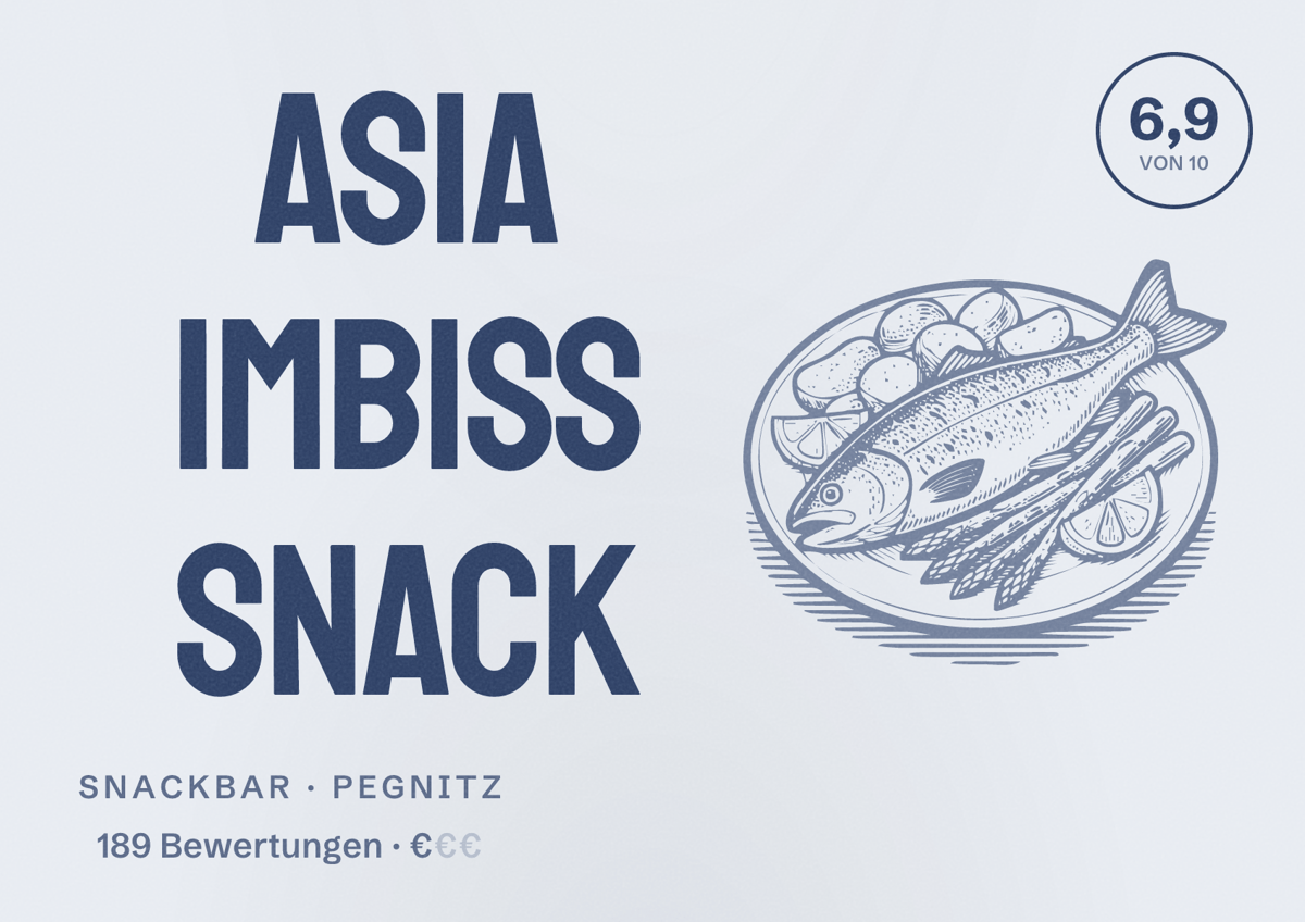 Illustriertes Poster von Asia Imbiss Snack, Snackbar in Pegnitz: Bewertung 6,9 von 10 aus 189 Bewertungen, Preisniveau €