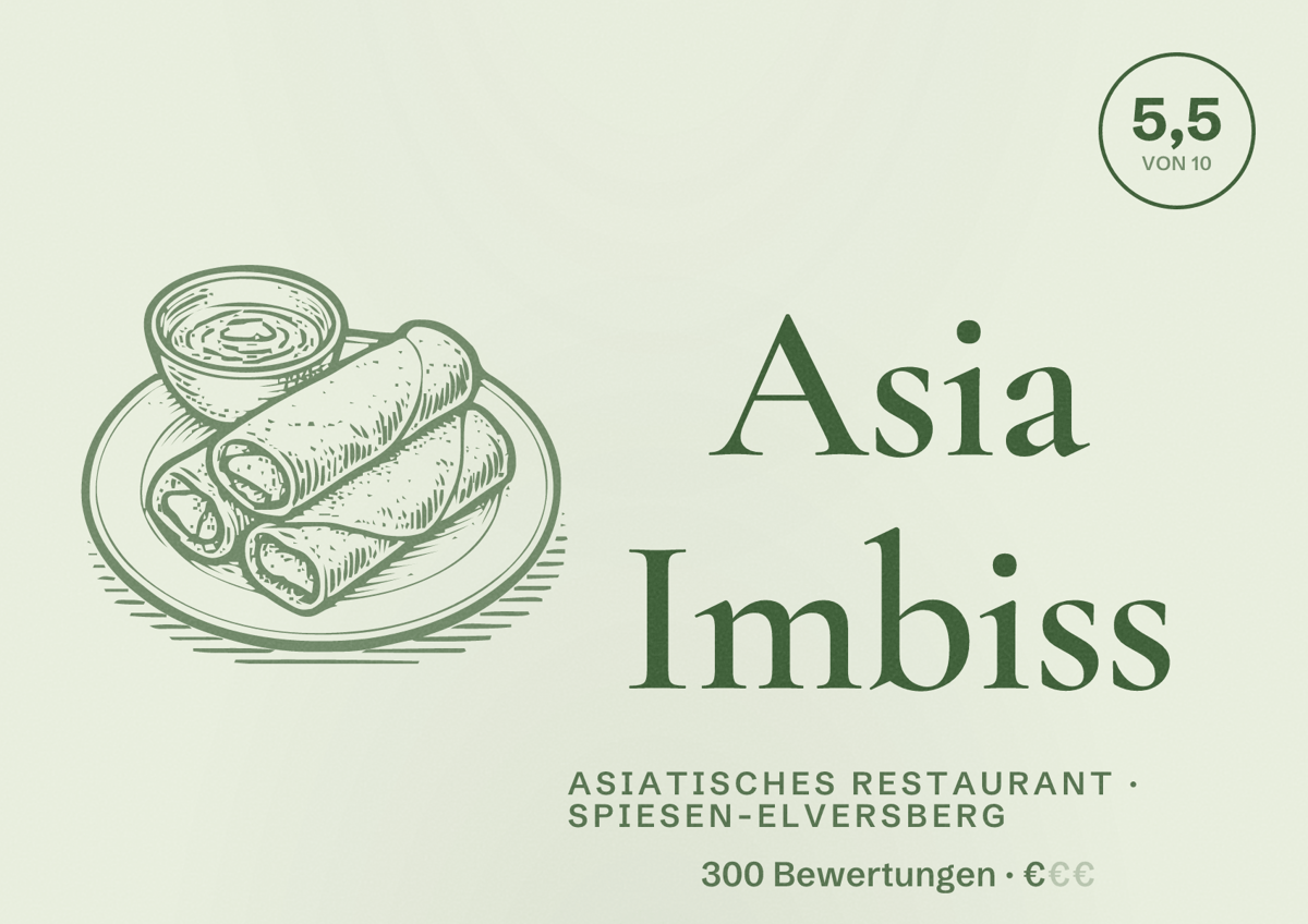 Illustriertes Poster von Asia Imbiss, Asiatisches Restaurant in Spiesen-Elversberg: Bewertung 5,5 von 10 aus 300 Bewertungen, Preisniveau €