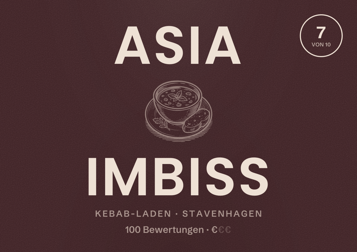 Illustriertes Poster von Asia Imbiss, Kebab-Laden in Stavenhagen: Bewertung 7 von 10 aus 100 Bewertungen, Preisniveau €