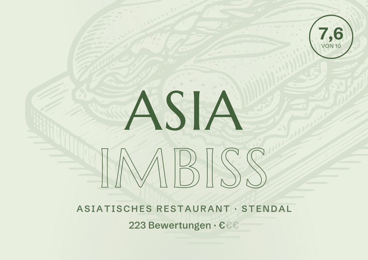Illustriertes Poster von Asia Imbiss, Asiatisches Restaurant in Stendal: Bewertung 7,6 von 10 aus 223 Bewertungen, Preisniveau €