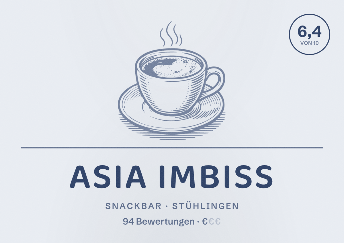Illustriertes Poster von Asia Imbiss, Snackbar in Stühlingen: Bewertung 6,4 von 10 aus 94 Bewertungen, Preisniveau €