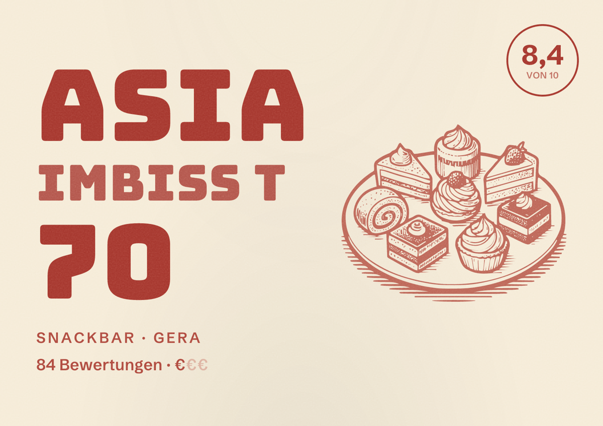 Illustriertes Poster von Asia Imbiss T 70, Snackbar in Gera: Bewertung 8,4 von 10 aus 84 Bewertungen, Preisniveau €