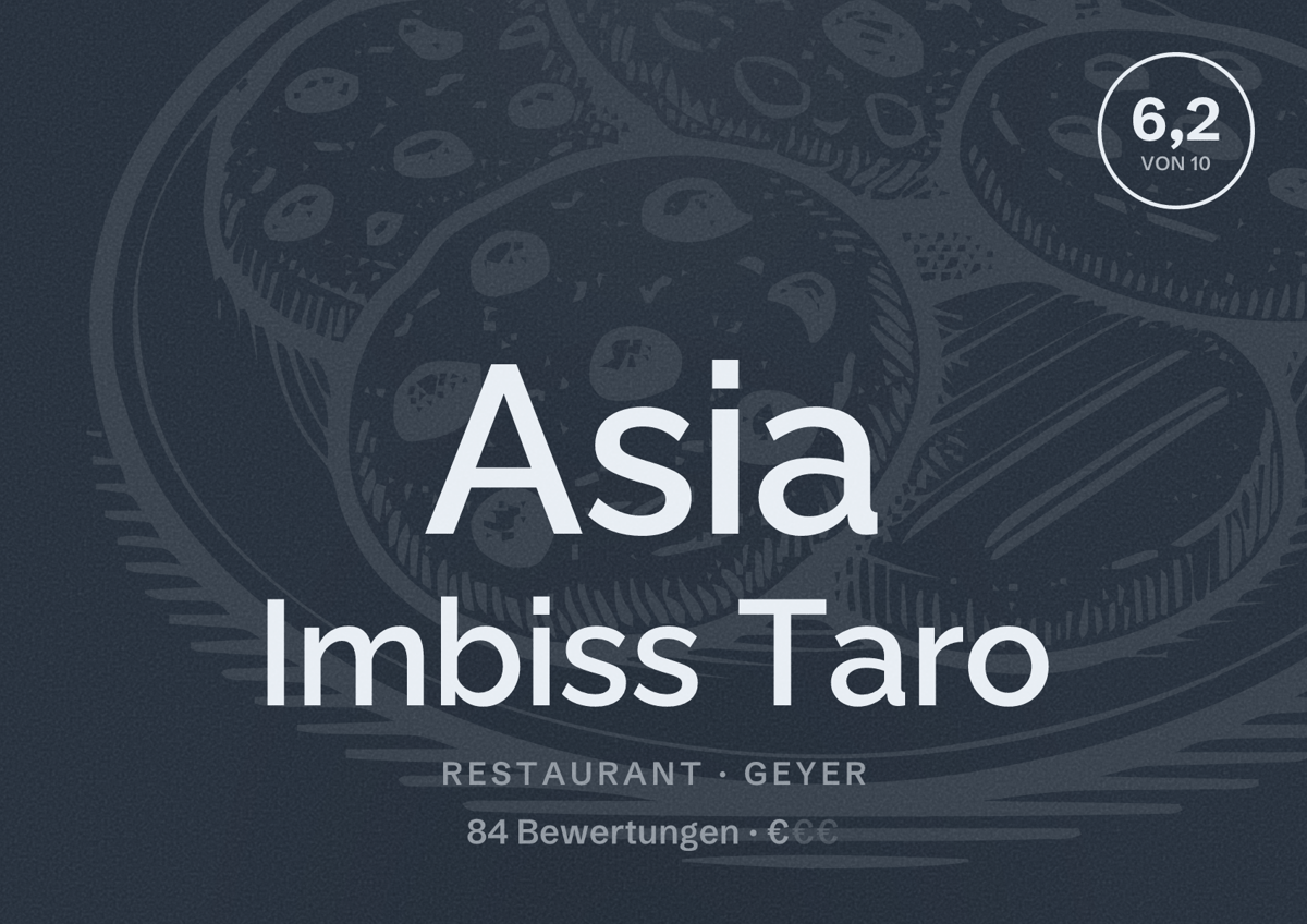 Illustriertes Poster von Asia Imbiss Taro, Restaurant in Geyer: Bewertung 6,2 von 10 aus 84 Bewertungen, Preisniveau €