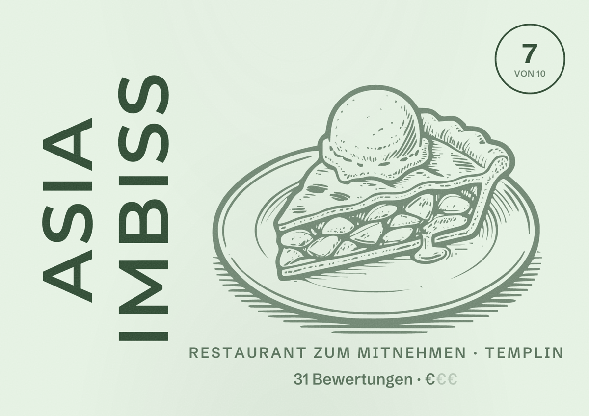 Illustriertes Poster von Asia Imbiss, Restaurant zum Mitnehmen in Templin: Bewertung 7 von 10 aus 31 Bewertungen, Preisniveau €
