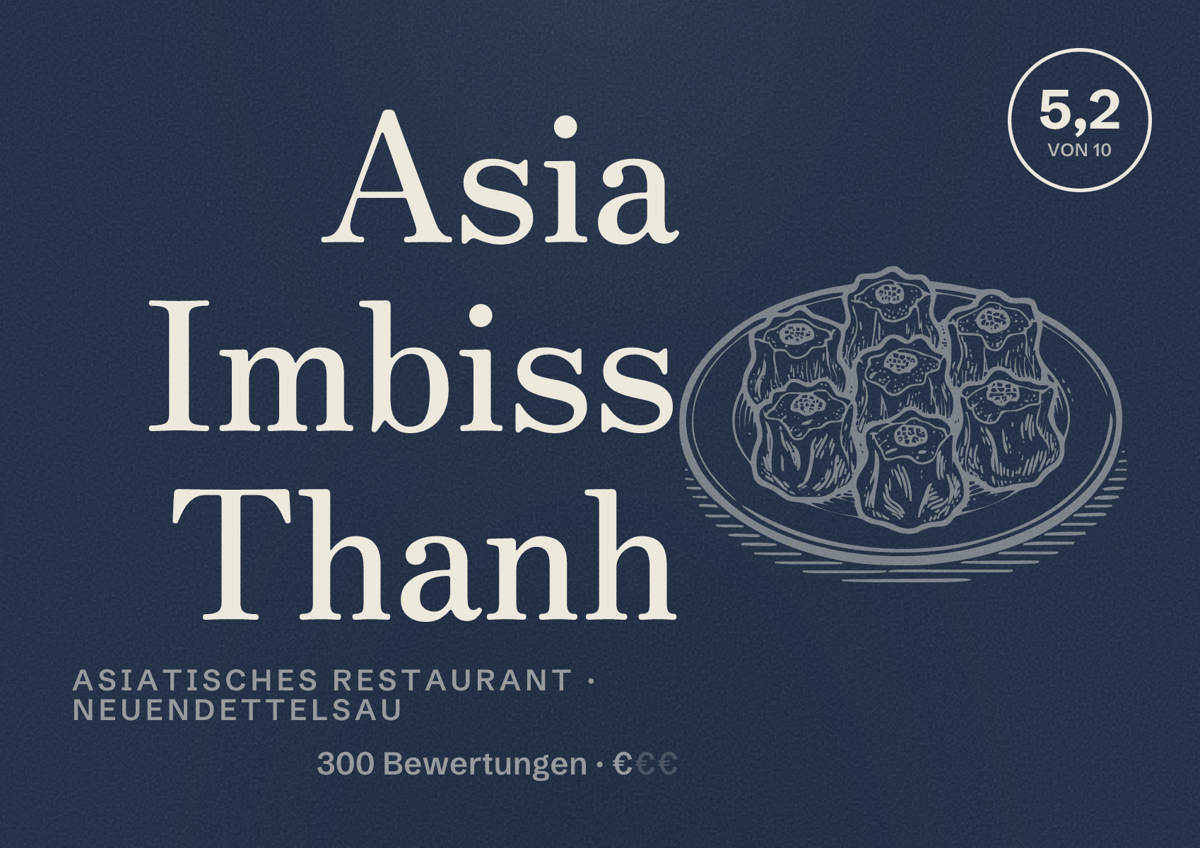 Illustriertes Poster von Asia Imbiss Thanh, Asiatisches Restaurant in Neuendettelsau: Bewertung 5,2 von 10 aus 300 Bewertungen, Preisniveau €