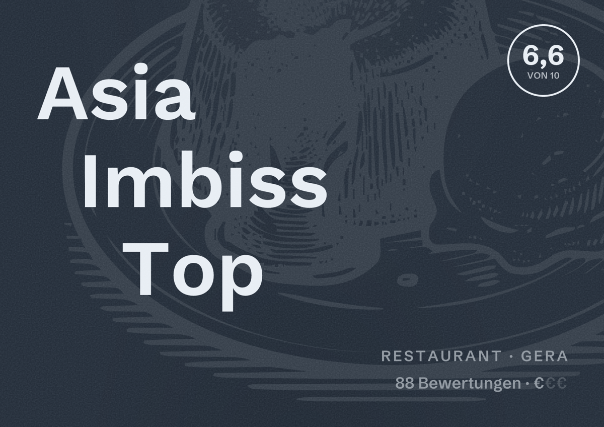 Illustriertes Poster von Asia Imbiss Top, Restaurant in Gera: Bewertung 6,6 von 10 aus 88 Bewertungen, Preisniveau €