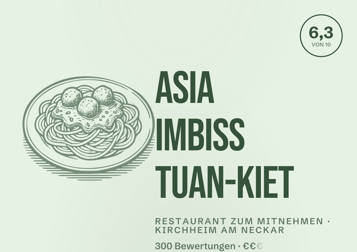 Illustriertes Poster von Asia Imbiss Tuan-Kiet, Restaurant zum Mitnehmen in Kirchheim am Neckar: Bewertung 6,3 von 10 aus 300 Bewertungen, Preisniveau €€