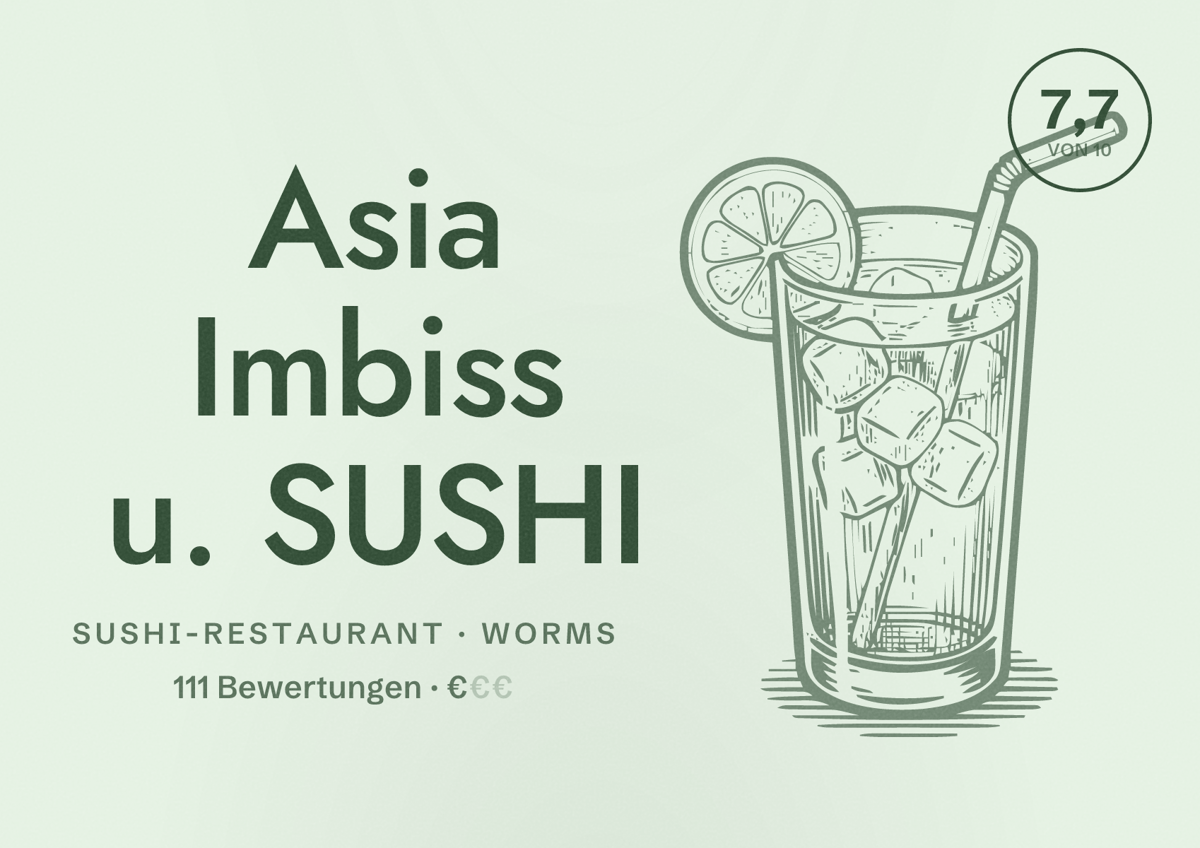 Illustriertes Poster von Asia Imbiss u. SUSHI, Sushi-Restaurant in Worms: Bewertung 7,7 von 10 aus 111 Bewertungen, Preisniveau €