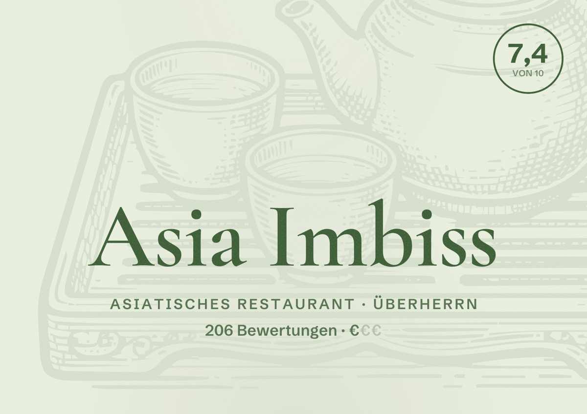 Illustriertes Poster von Asia Imbiss, Asiatisches Restaurant in Überherrn: Bewertung 7,4 von 10 aus 206 Bewertungen, Preisniveau €
