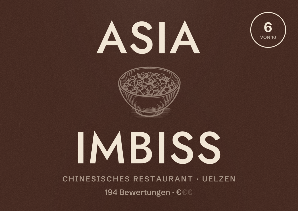 Illustriertes Poster von Asia Imbiss, Chinesisches Restaurant in Uelzen: Bewertung 6 von 10 aus 194 Bewertungen, Preisniveau €