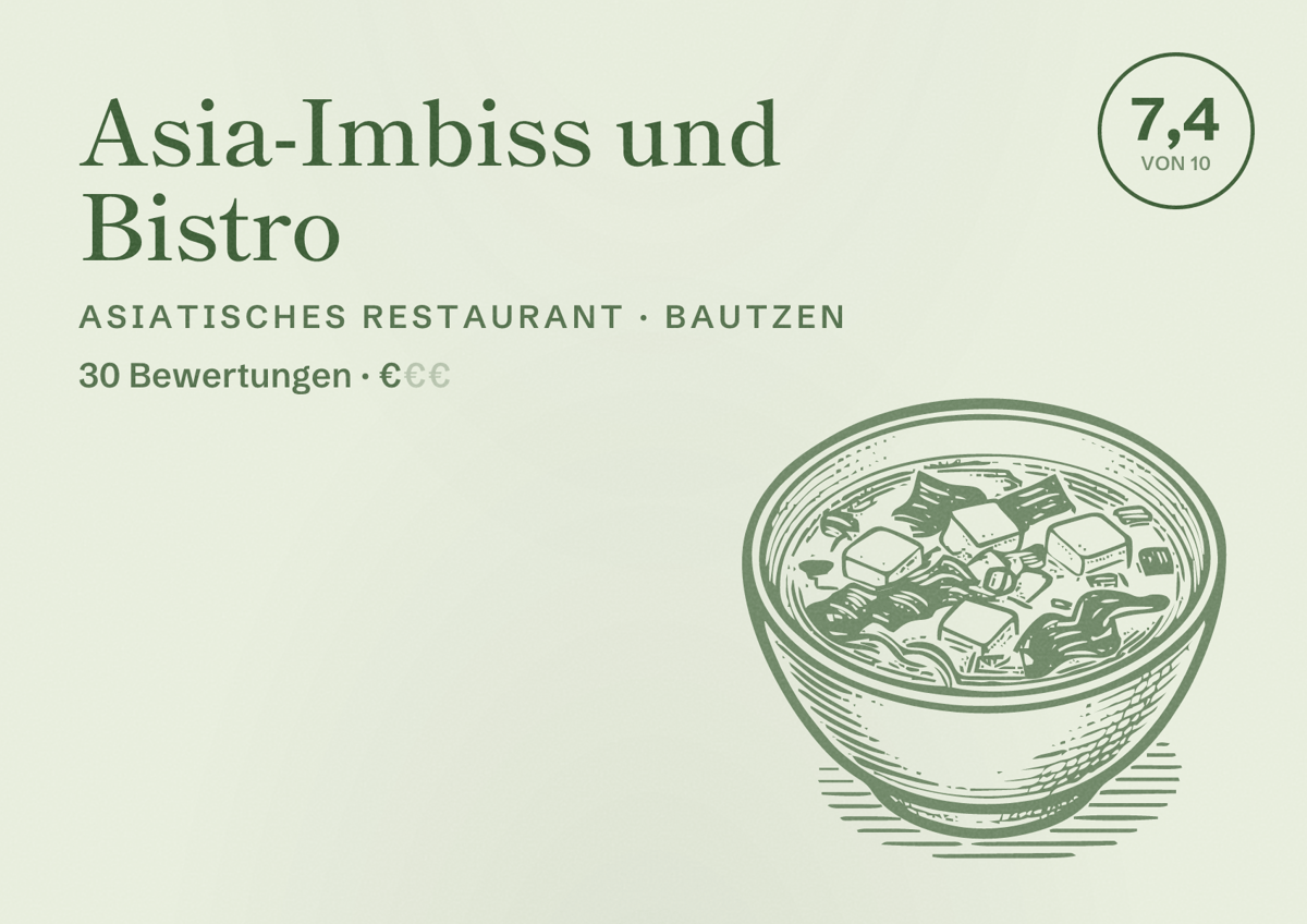 Illustriertes Poster von Asia-Imbiss und Bistro, Asiatisches Restaurant in Bautzen: Bewertung 7,4 von 10 aus 30 Bewertungen, Preisniveau €