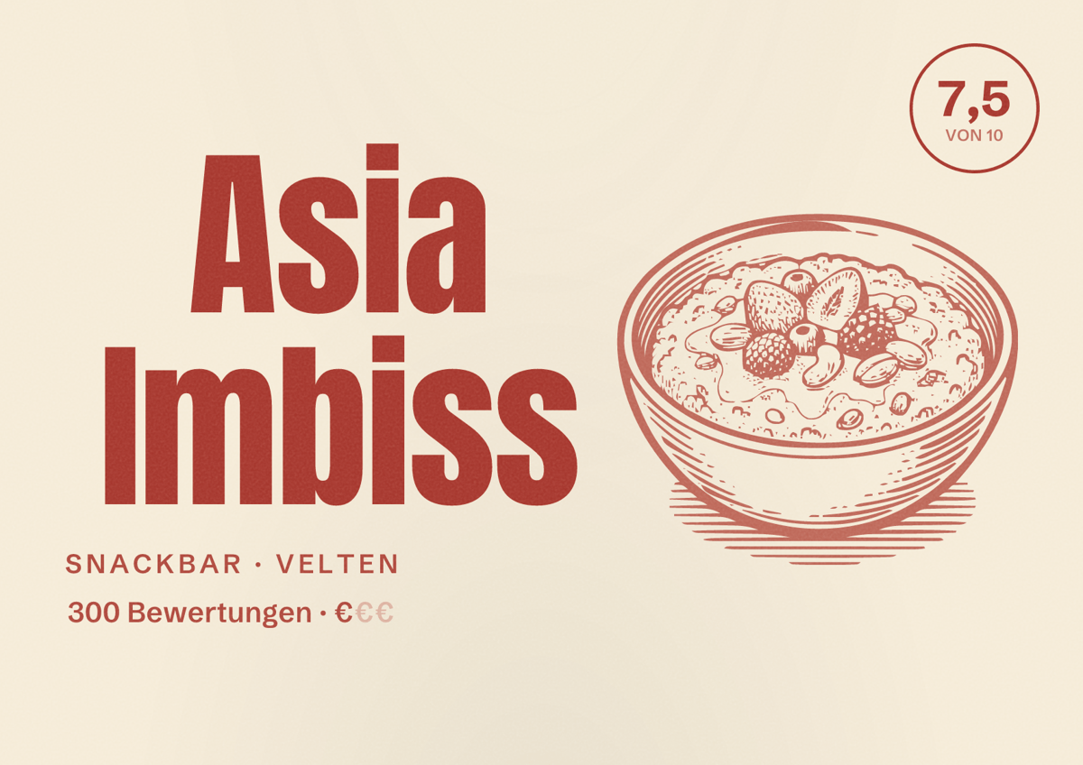 Illustriertes Poster von Asia Imbiss, Snackbar in Velten: Bewertung 7,5 von 10 aus 300 Bewertungen, Preisniveau €