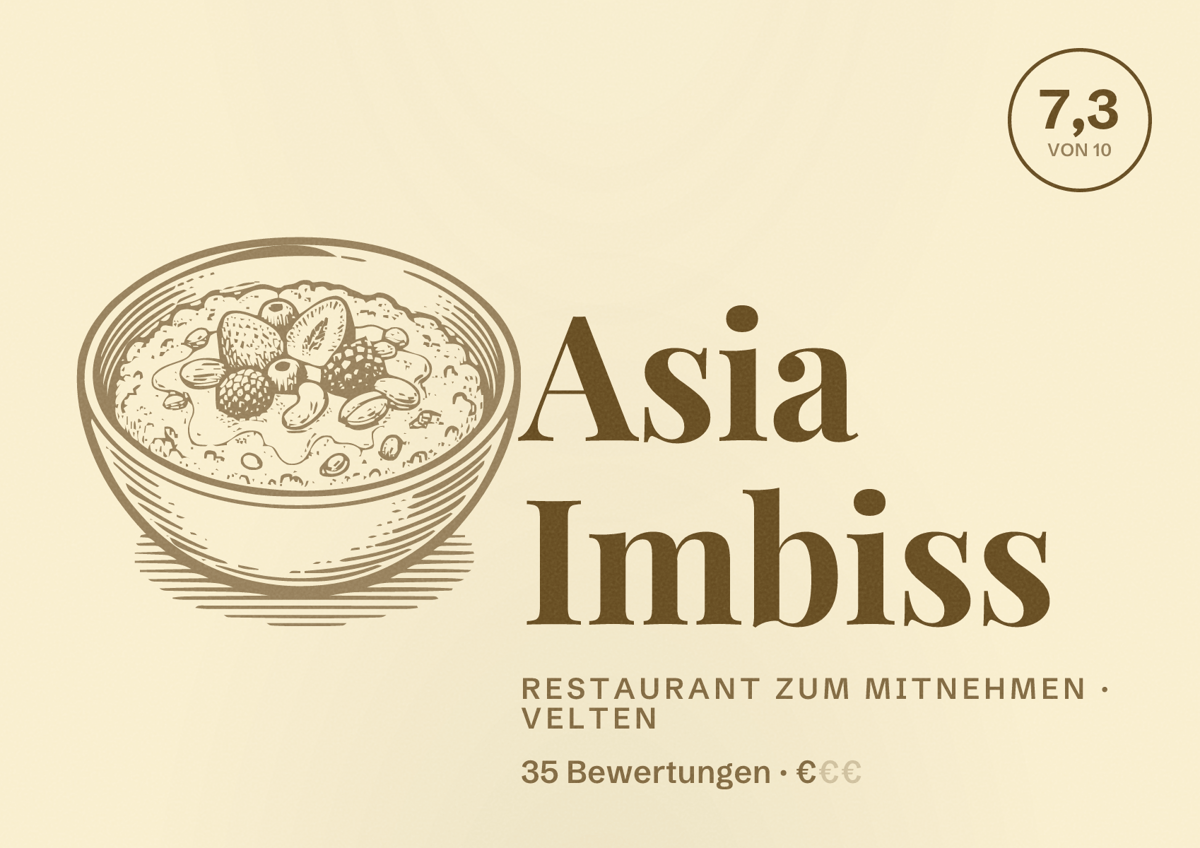 Illustriertes Poster von Asia Imbiss, Restaurant zum Mitnehmen in Velten: Bewertung 7,3 von 10 aus 35 Bewertungen, Preisniveau €